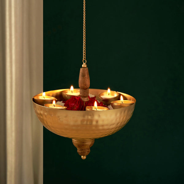 Metal Hanging Diya | Six Diya | Gold | 23 cm