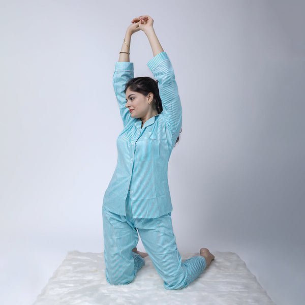Cotton Pajama Set For Women | Striped | Aqua Blue
