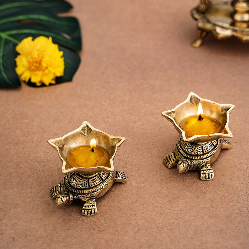 Brass Panchmukhi Diya | Tortoise Design | Gold | 7 cm | Set of 2