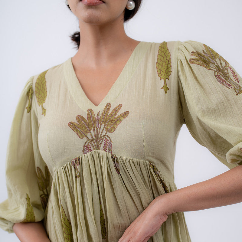 Gauze Cotton Flared Kurta Set | Handblock Print | Pistachio Green.