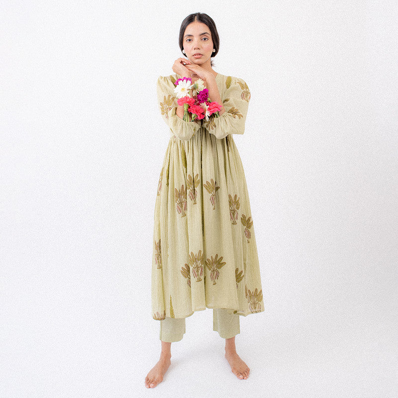 Gauze Cotton Flared Kurta Set | Handblock Print | Pistachio Green