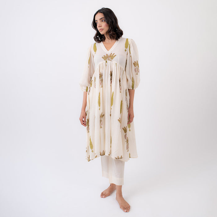 Gauze Cotton Flared Kurta Set | Handblock Print | Ivory