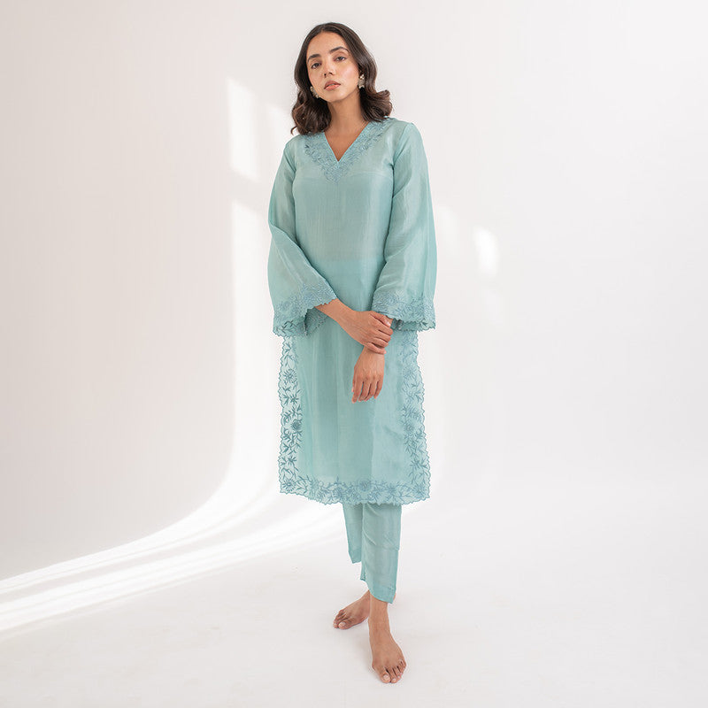 Women Uppada Silk Kurta Set | Embroidered | Blue