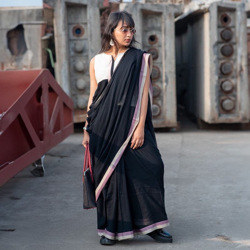 Black Mul Cotton Saree | Solid | Beige