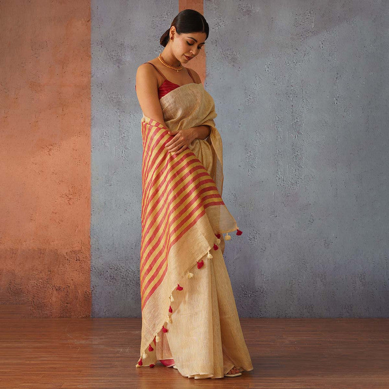 Beige Linen Saree | Red & Gold Striped Pallu