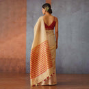 Beige Linen Saree | Red & Gold Striped Pallu