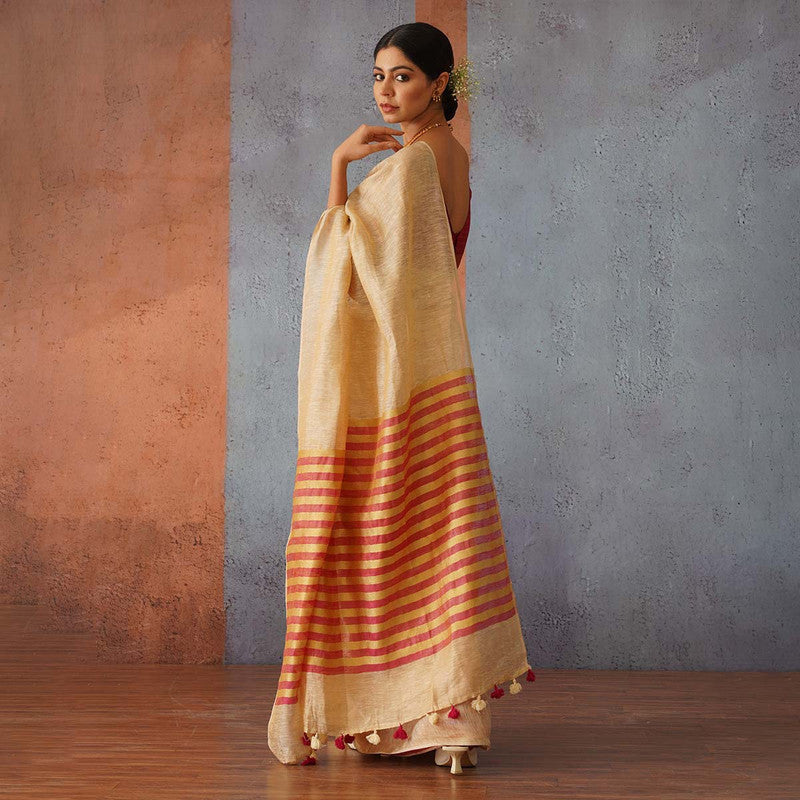 Beige Linen Saree | Red & Gold Striped Pallu