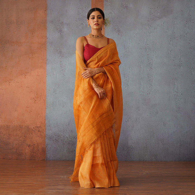 Linen Silk Saree | Rust Orange