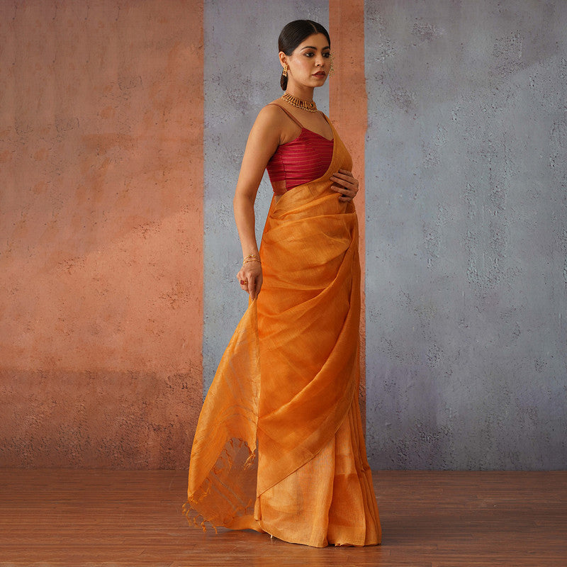 Linen Silk Saree | Rust Orange