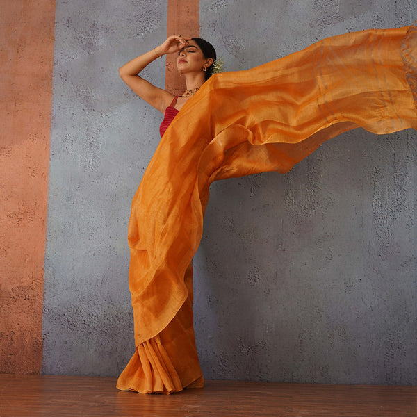 Linen Silk Saree | Rust Orange