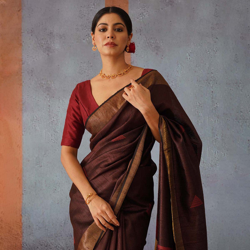 Raw Silk Saree | Brown | Gold & Maroon Pallu