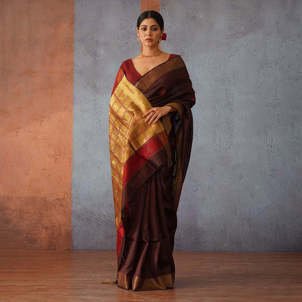 Raw Silk Saree | Brown | Gold & Maroon Pallu