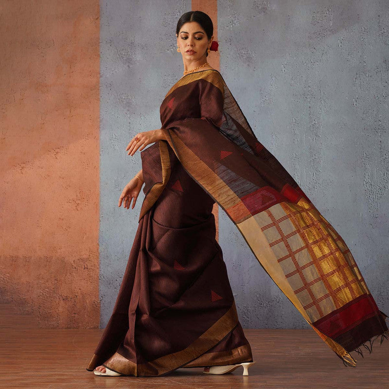 Raw Silk Saree | Brown | Gold & Maroon Pallu