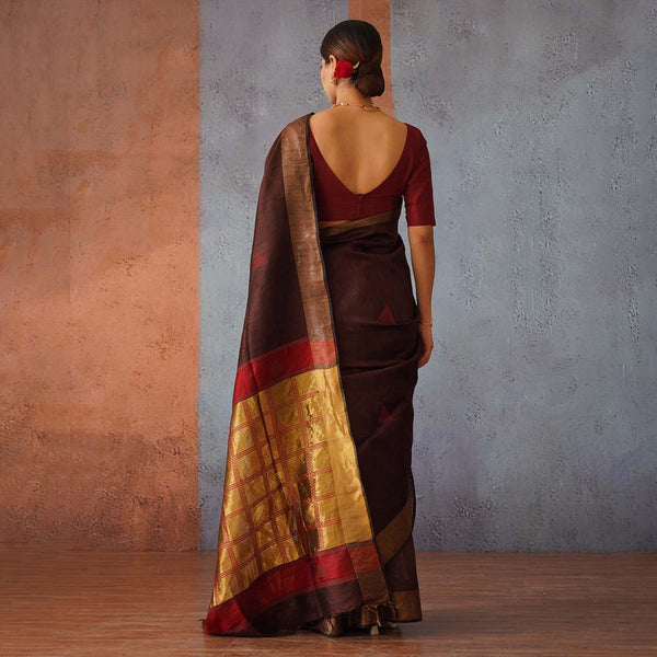 Raw Silk Saree | Brown | Gold & Maroon Pallu