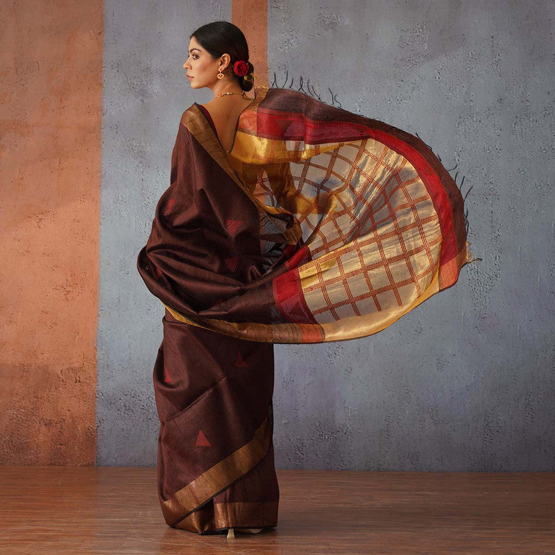 Raw Silk Saree | Brown | Gold & Maroon Pallu