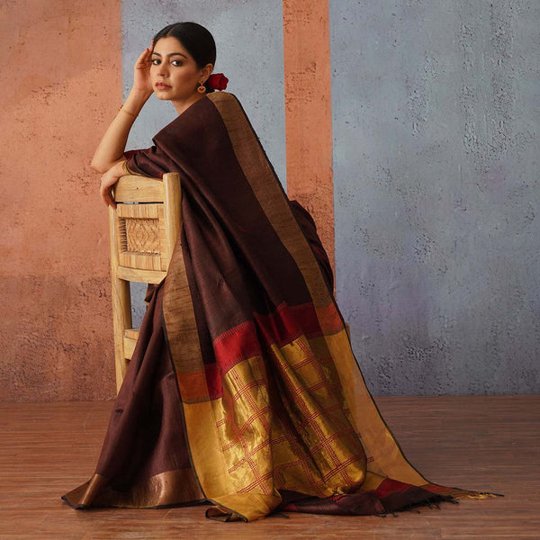 Raw Silk Saree | Brown | Gold & Maroon Pallu