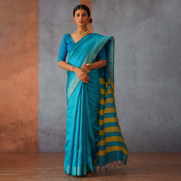 Raw Silk Saree | Sky Blue with Yellow Stripes