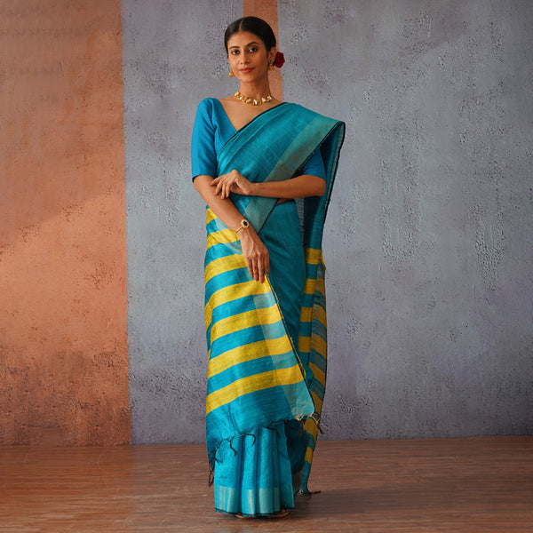 Raw Silk Saree | Sky Blue with Yellow Stripes