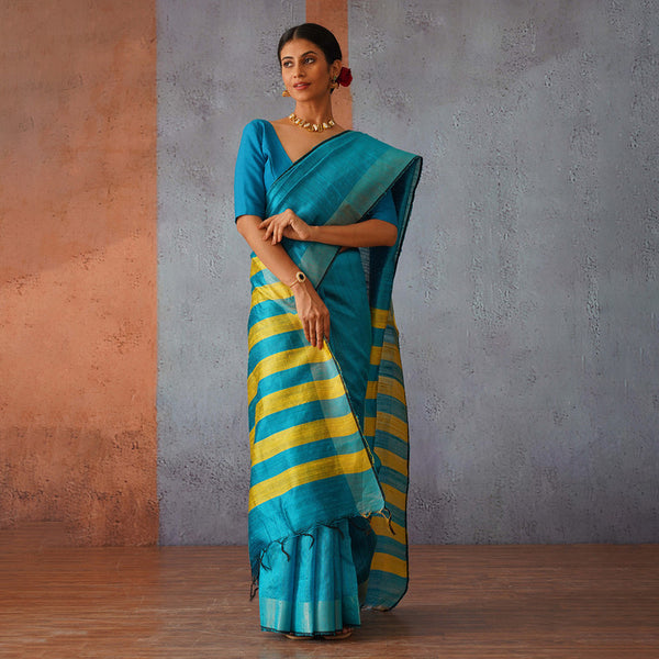 Raw Silk Saree | Sky Blue with Yellow Stripes