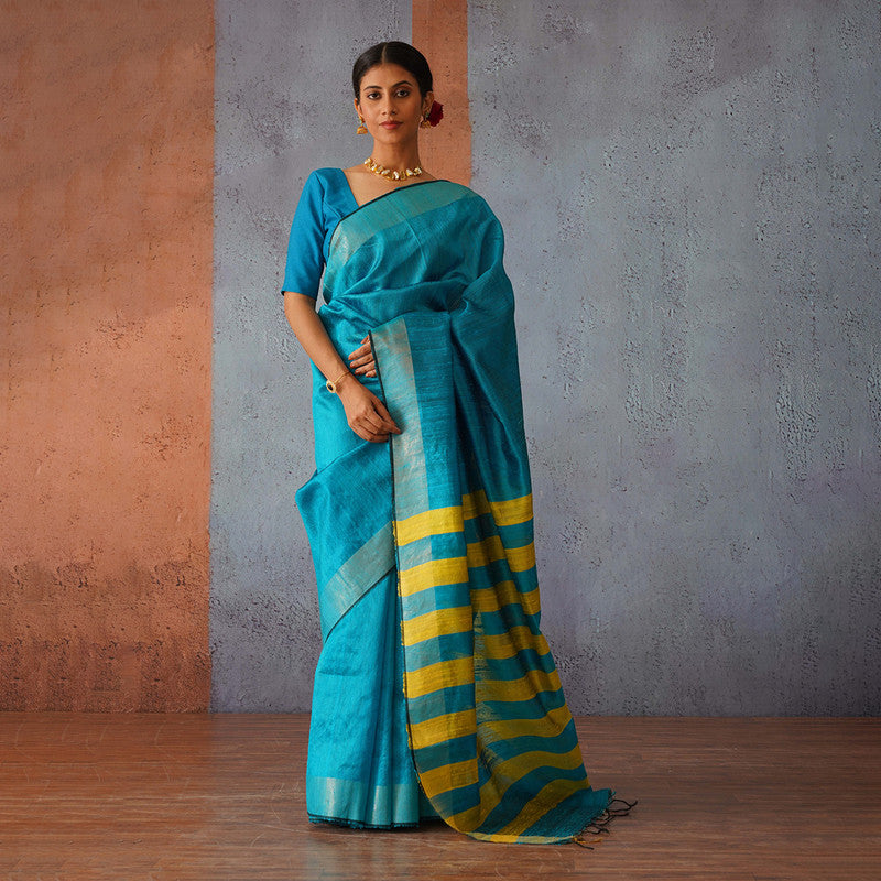 Raw Silk Saree | Sky Blue with Yellow Stripes