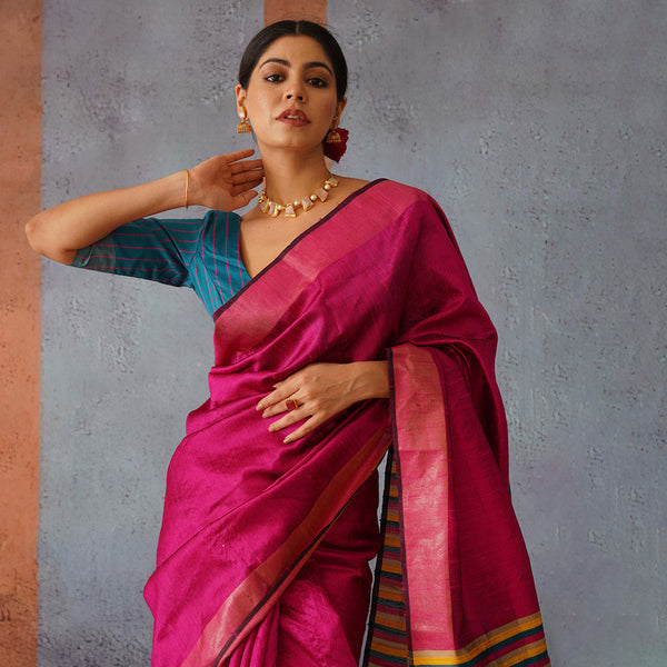 Raw Silk Saree | Rani Pink