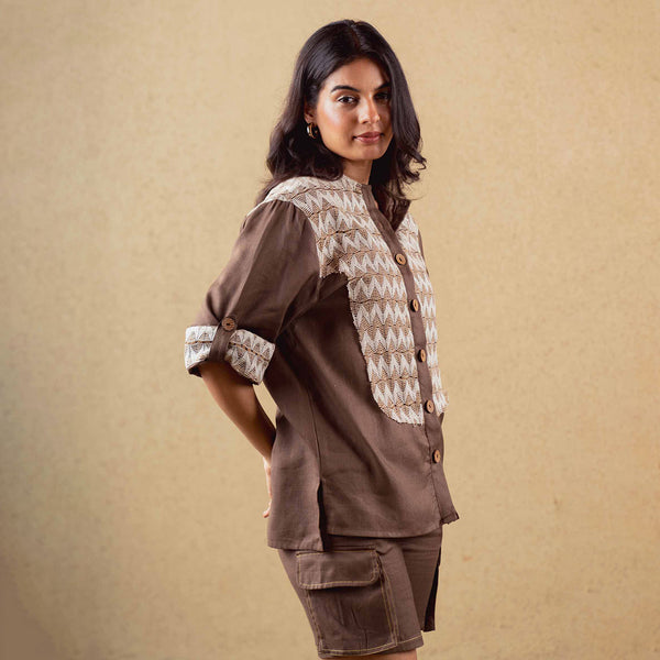 Tencel Solid Shirt For Women | Oversized Fit | Rolled Up Sleeves | Brown