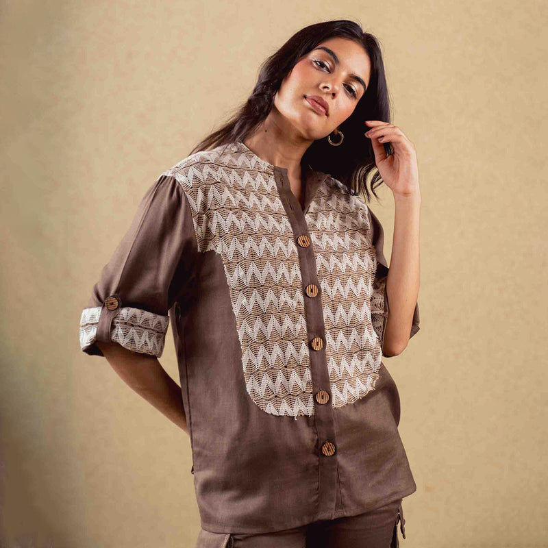 Tencel Solid Shirt For Women | Oversized Fit | Rolled Up Sleeves | Brown