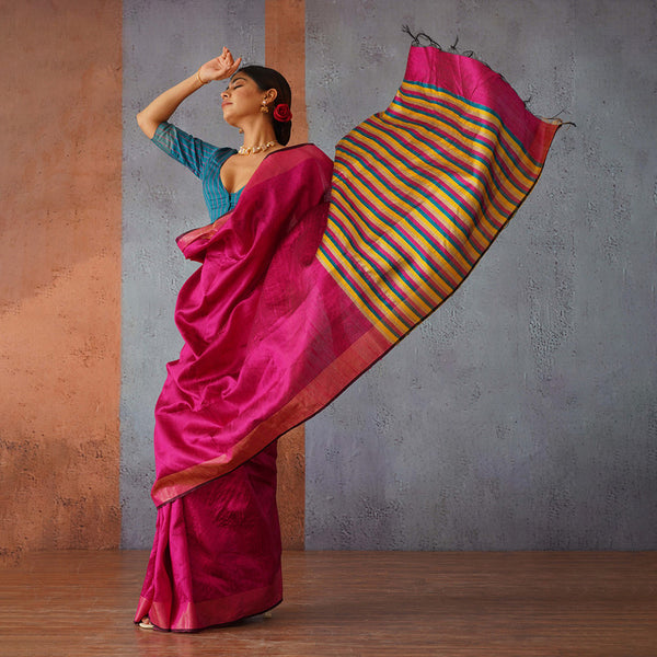 Raw Silk Saree | Rani Pink