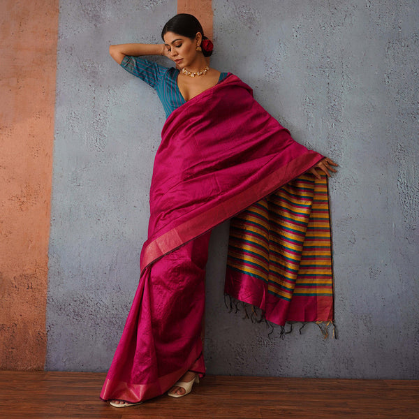 Raw Silk Saree | Rani Pink