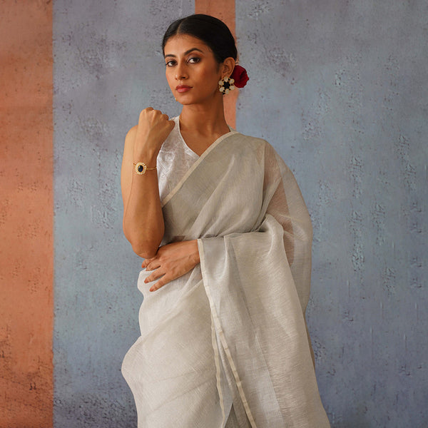 Silver Linen Saree | Tasselled