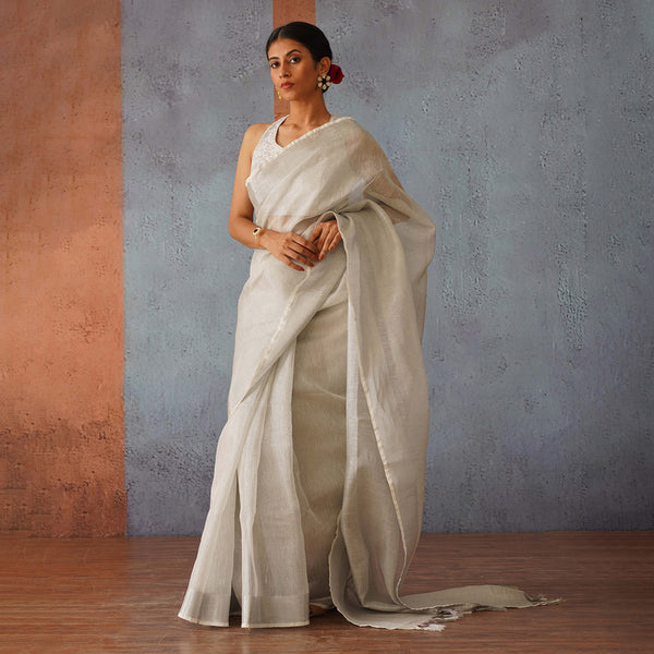 Silver Linen Saree | Tasselled