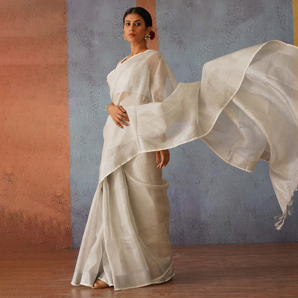 Silver Linen Saree | Tasselled