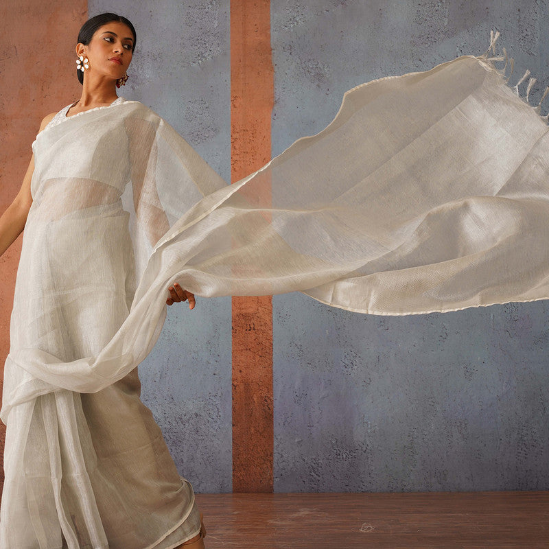 Silver Linen Saree | Tasselled