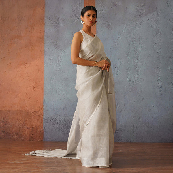 Silver Linen Saree | Tasselled