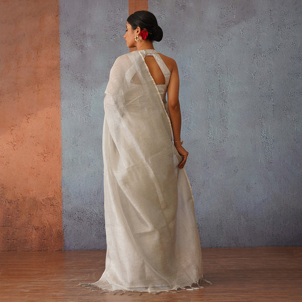 Silver Linen Saree | Tasselled