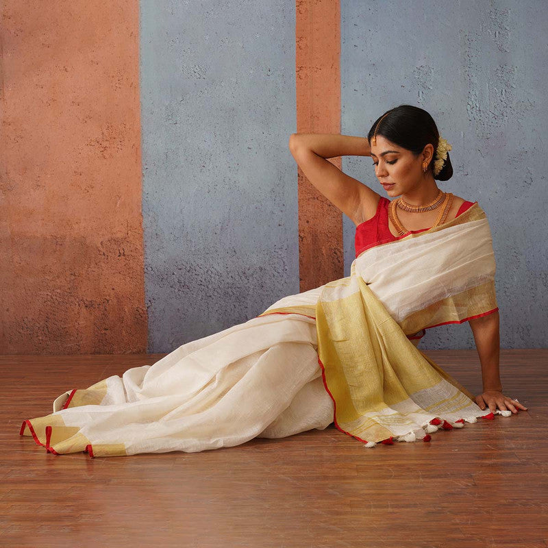 Handloom Linen Saree | Off-White with Red & Gold