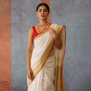 Handloom Linen Saree | Off-White with Red & Gold