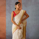 Handloom Linen Saree | Off-White with Red & Gold