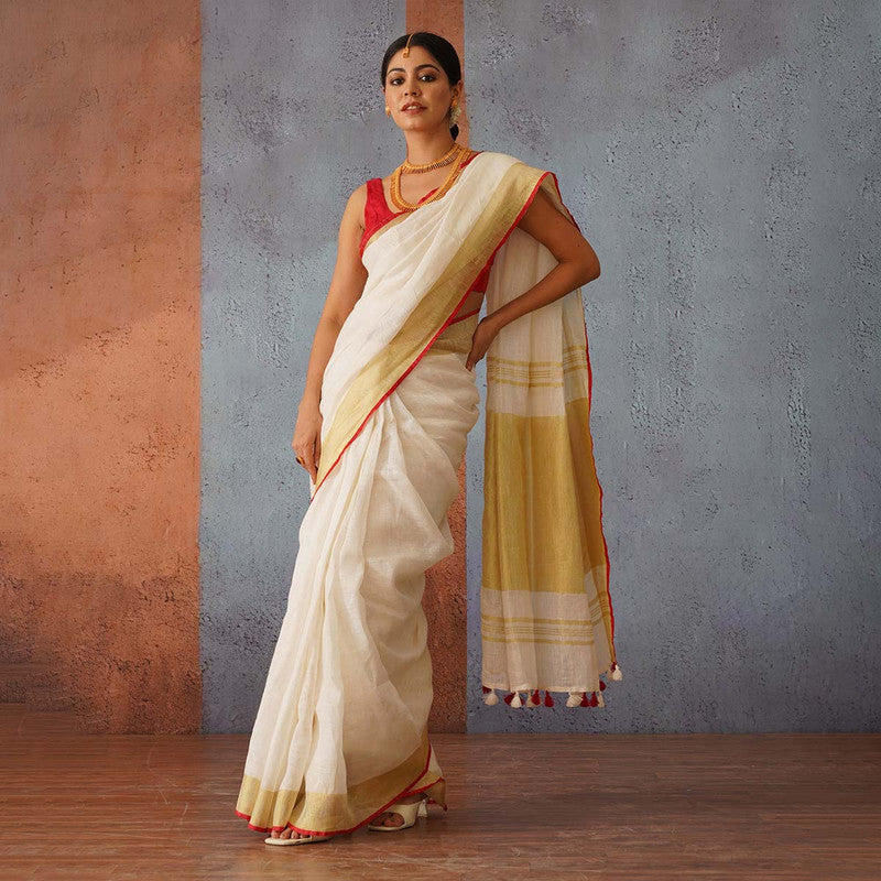 Handloom Linen Saree | Off-White with Red & Gold