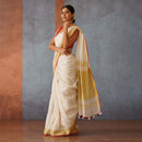 Handloom Linen Saree | Off-White with Red & Gold