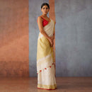 Handloom Linen Saree | Off-White with Red & Gold