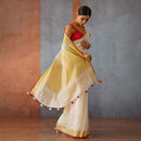 Handloom Linen Saree | Off-White with Red & Gold