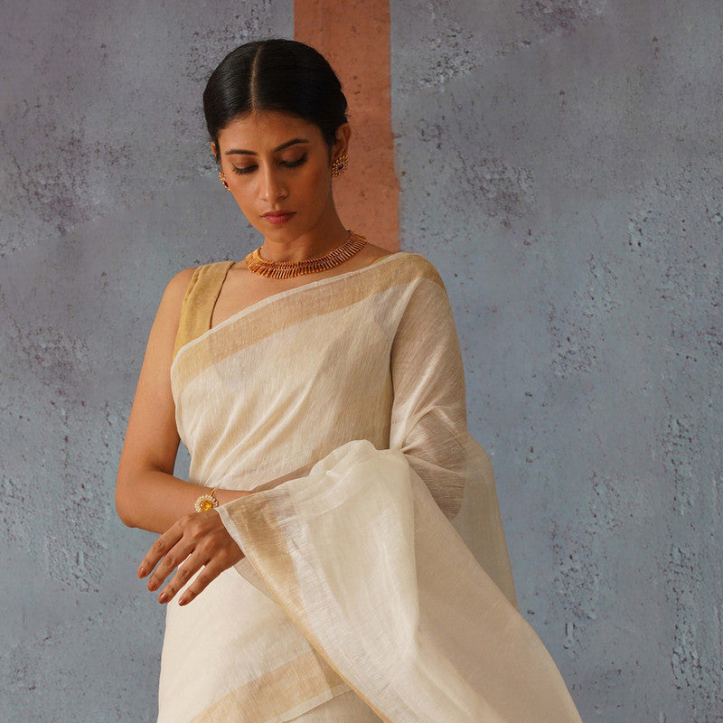 Linen Silk Saree | Off-White & Golden Pallu