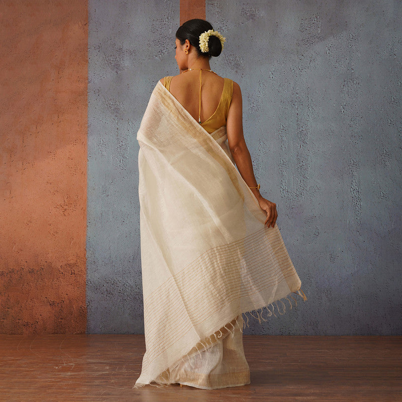 Linen Silk Saree | Off-White & Golden Pallu