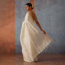 Linen Silk Saree | Off-White & Golden Pallu