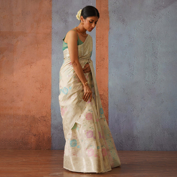 Banarasi Silk Saree | Off-White | Multicolour Motif