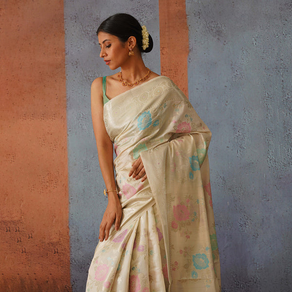 Banarasi Silk Saree | Off-White | Multicolour Motif