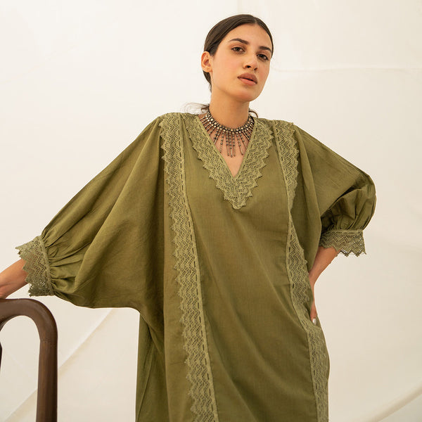 Women Cotton Kurta Set | Kaftan Style Kurta & Pant | Green