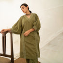 Women Cotton Kurta Set | Kaftan Style Kurta & Pant | Green