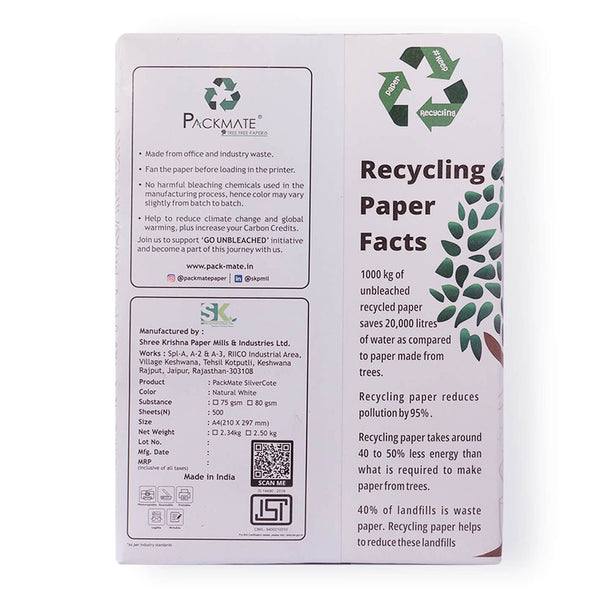 Silver Cote Unbleached Copier | 100% Recycled Paper | Biodegradable & Recyclable | A4, 75 GSM, 1 Ream | 500 Sheets